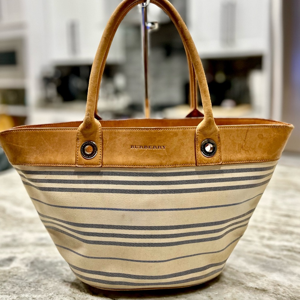Burberry Authentic Nova Striped Canvas Open Tote With Leather Trim/Straps